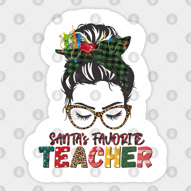 Santa's Favorite Teacher Messy Bun Buffalo Plaid Christmas Gift Sticker by BadDesignCo